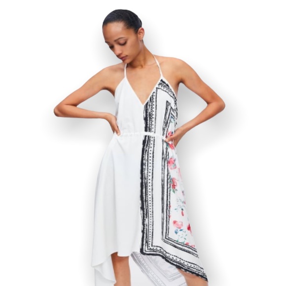 ZARA White Asymmetrical Floral Slip Dress Halter Triangle Medium - Picture 12 of 14